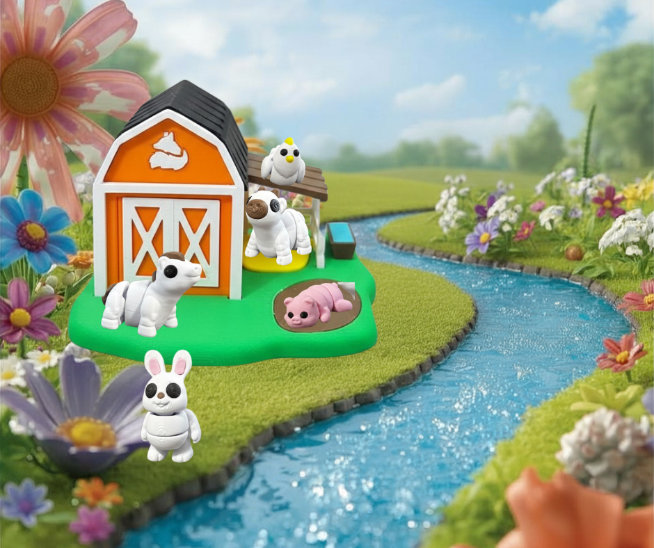 Barnyard Adventure miniature farm beside a colorful creek